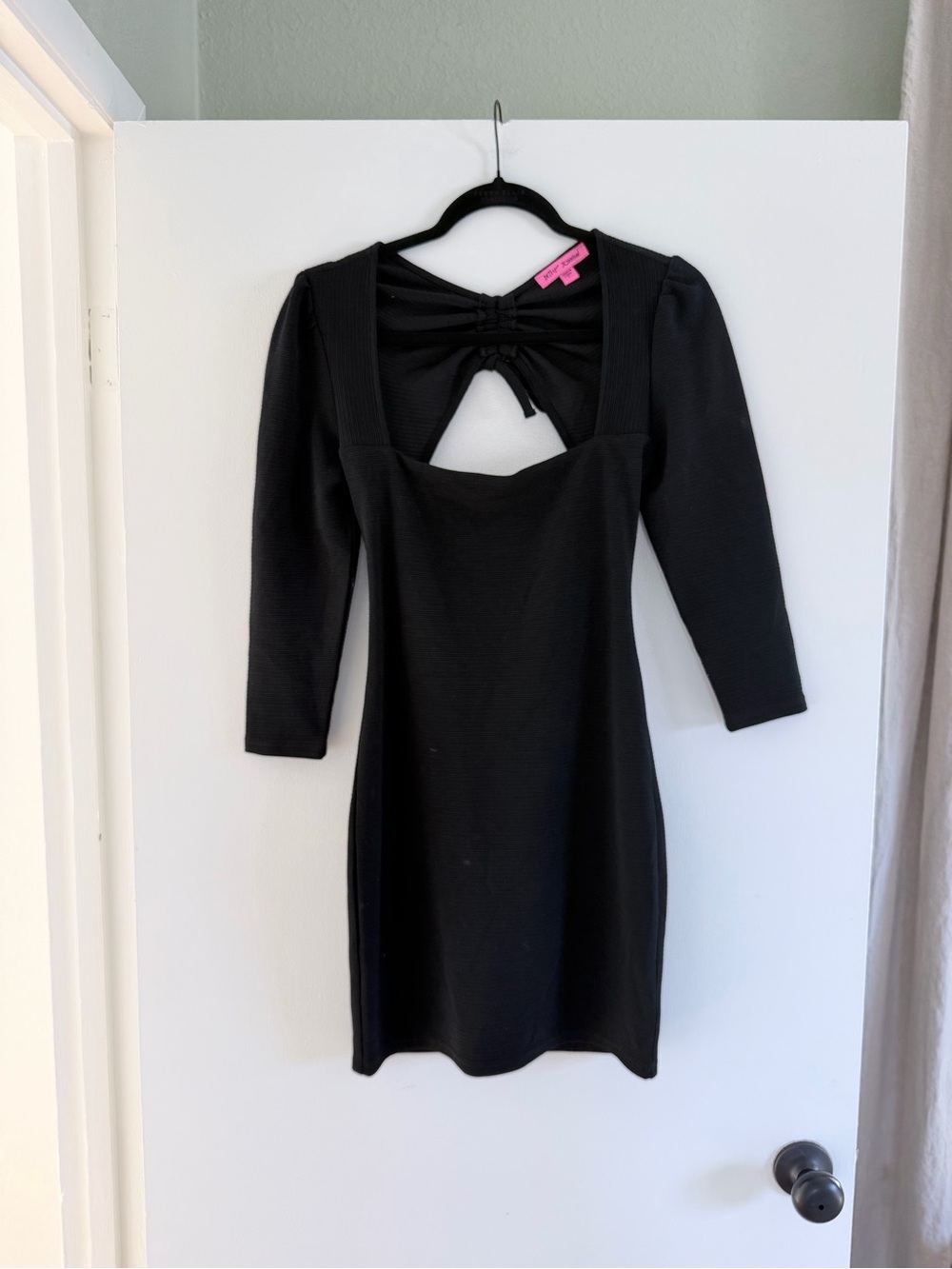 Betsey Johnson Black Ribbed Bodycon Mini Dress Open Back Cutout Puff Sleeve S